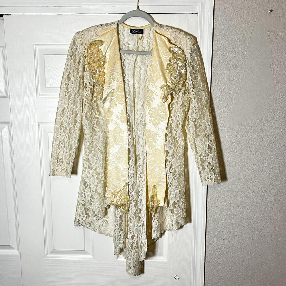 Vintage Dollar Lace Beaded Sequin 60s Jacket Womens Medium Pearl White USA 70s